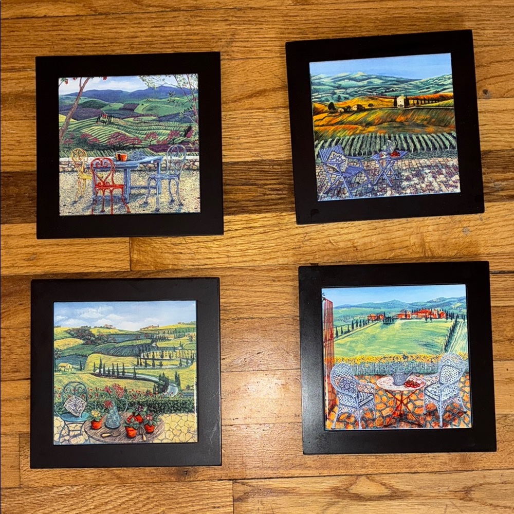 Set of 4 Sonoma Valley Vineyard Framed Tile Art Wall Decor 8"
